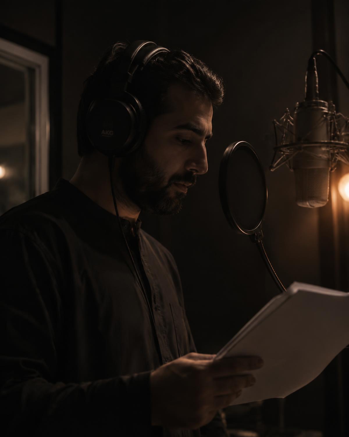رؤوف بن صدقة يقرأ نصًا داخل كابينة التسجيل